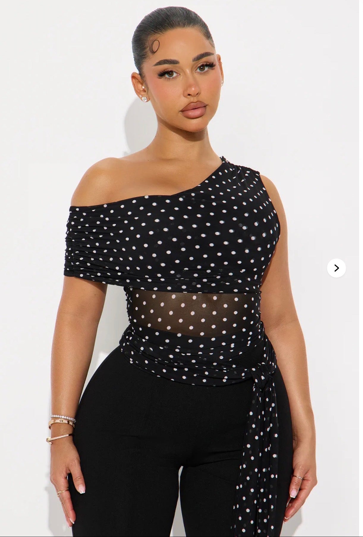 Kylie Polka Dot Off Shoulder Mesh Top